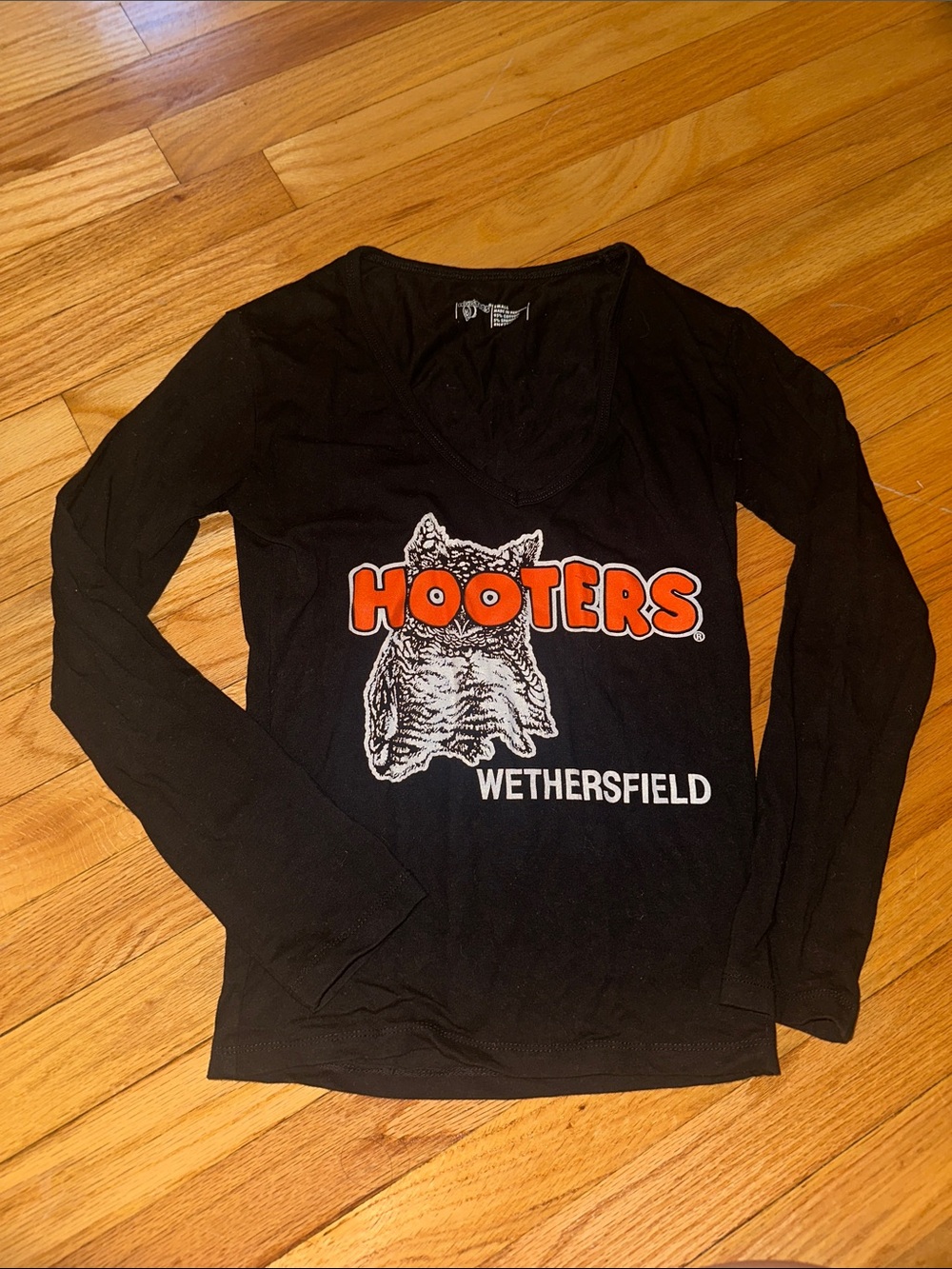 Hooters Black Long Sleeve V-Neck Tee with Orange Logo